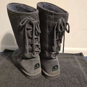 Bearpaw Tall Suede Boots Women Size 10 Gray Lace Back Mid Calf Winter Cozy